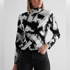 Black and White Graphic Long Sleeve Mock Neck Sweater